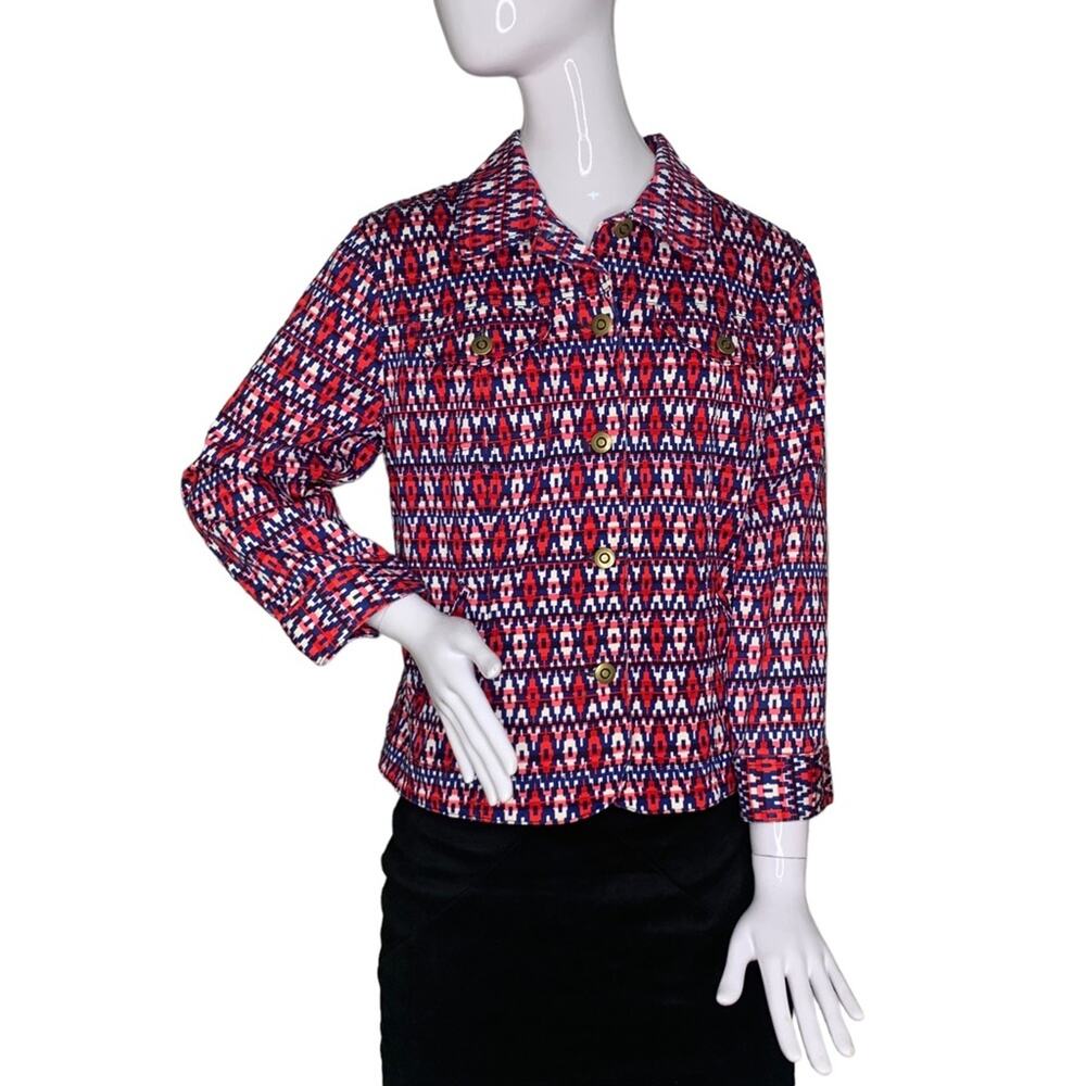 Ruby Rd Women's Blazer Jacket Size 14 Red and Blue Tribal Print Long Sleeve